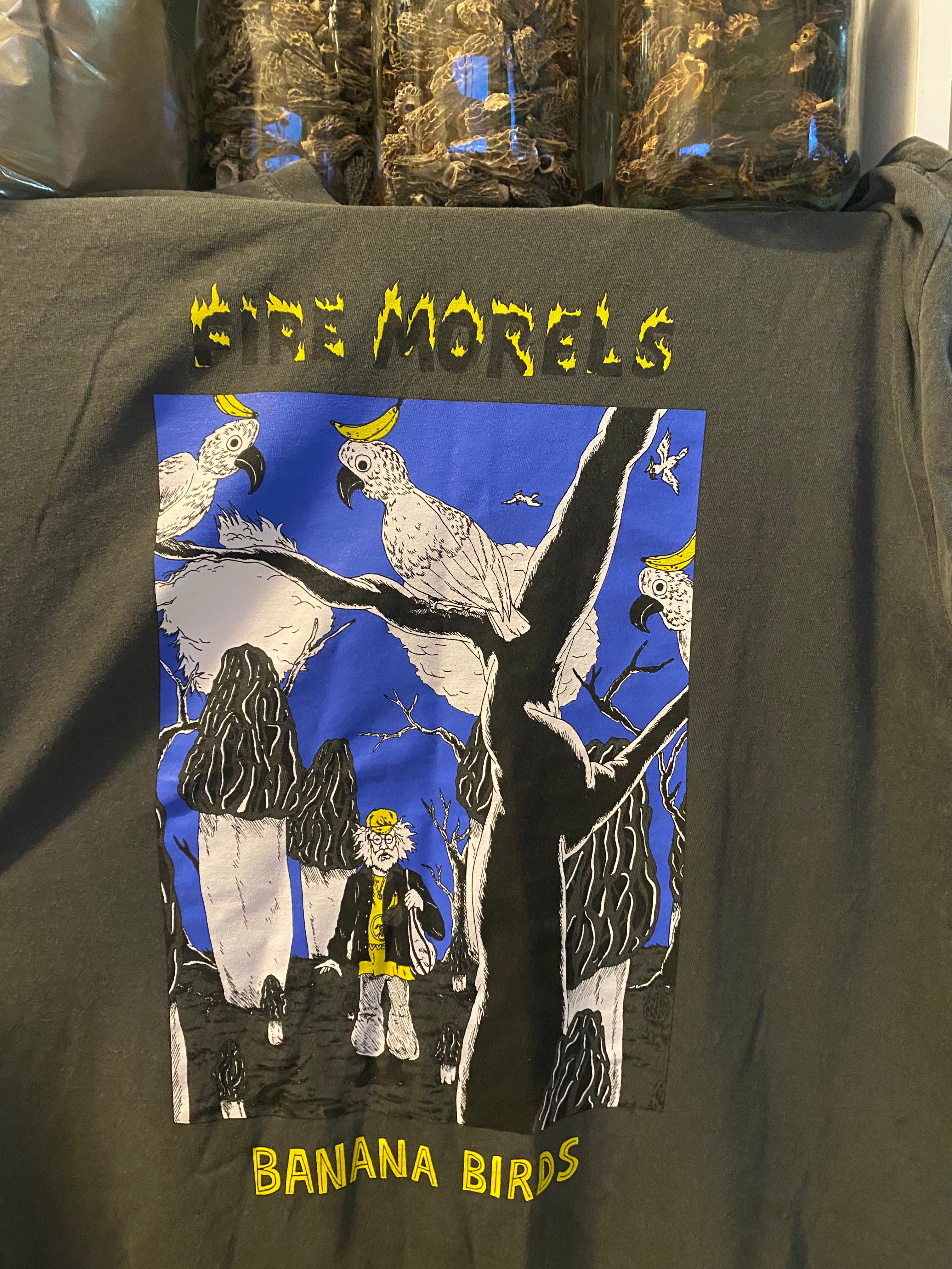 fire morels banana bird tee